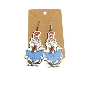 Cat Hat Reading Book Drop Earrings Teacher Gift Whimsical